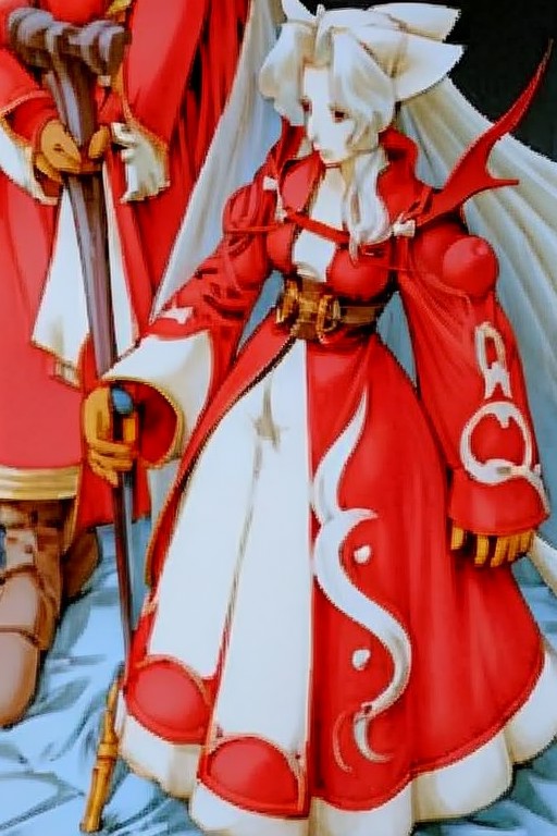 final fantasy character concept <lora:finfan:0.7> finfan, anime girl cleric in red and white robe, holding a shepherds sta...